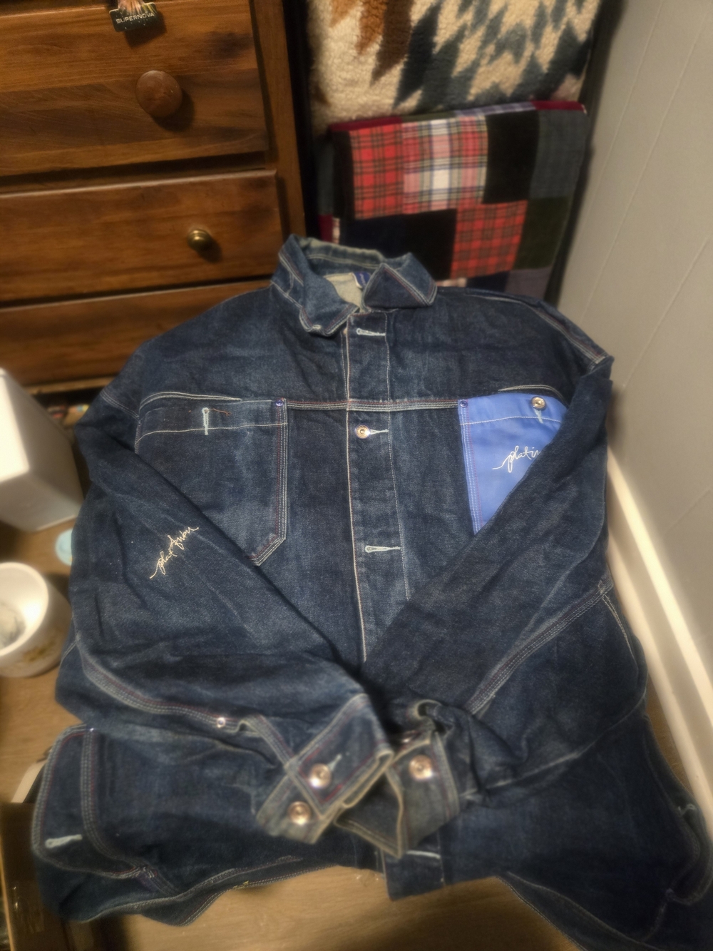 FUBU Dark Blue Denim Jacket with Bright Blue Pocket